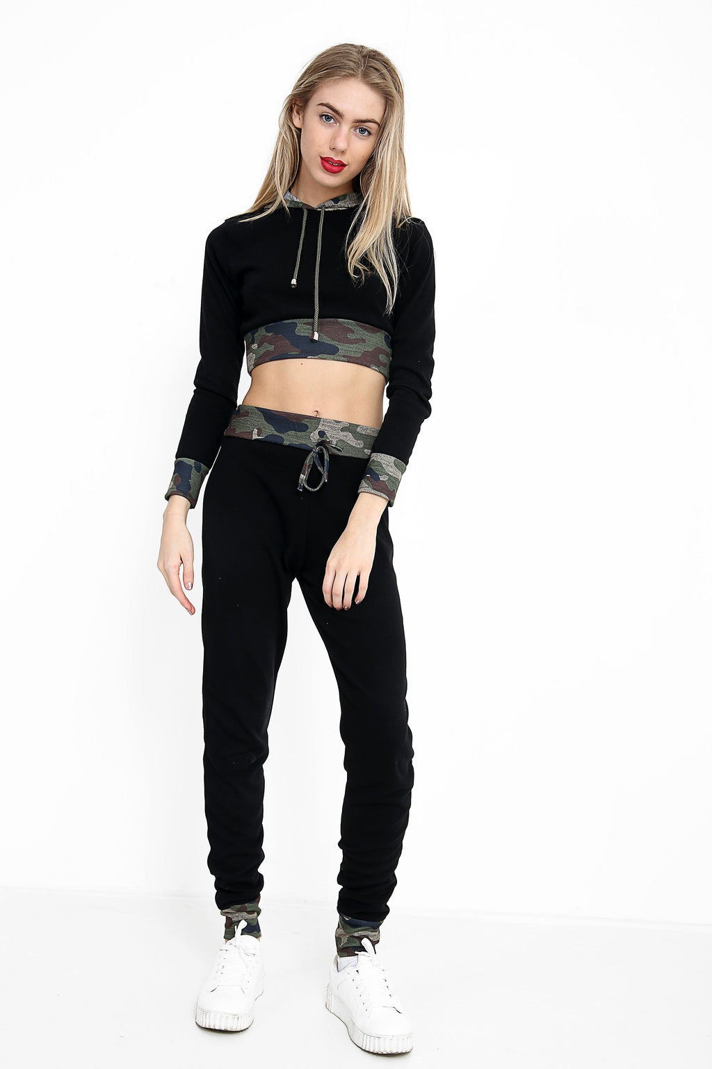 Camo Trim Hooded Cropped Loungewear Set