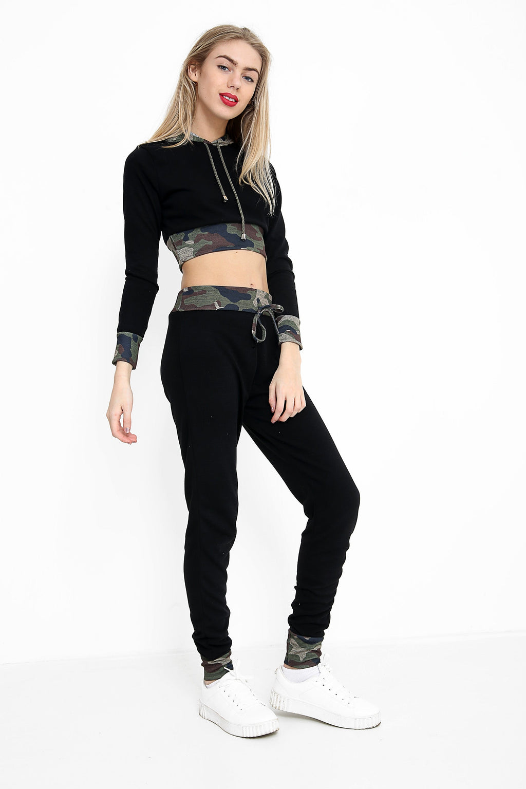 Camo Trim Hooded Cropped Loungewear Set