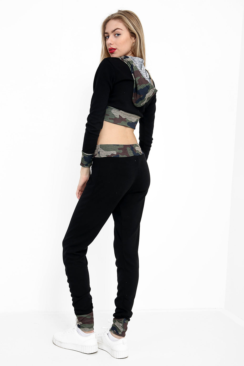 Camo Trim Hooded Cropped Loungewear Set