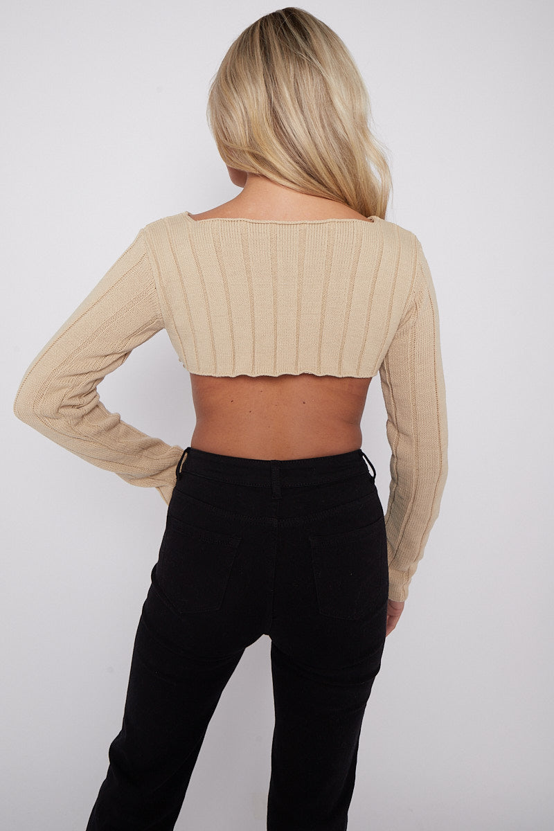 Long Sleeves Asymmetric Hem Ribbed Knit Crop Top