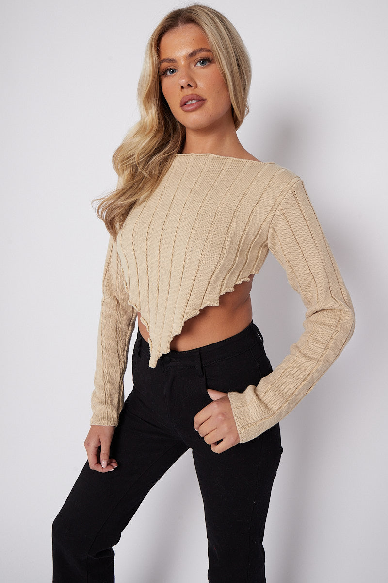 Long Sleeves Asymmetric Hem Ribbed Knit Crop Top