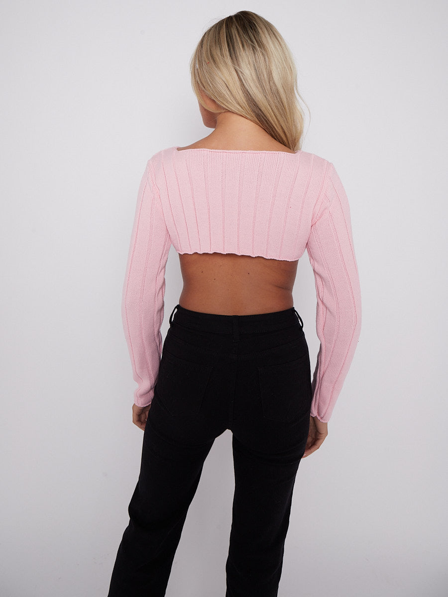 Long Sleeves Asymmetric Hem Ribbed Knit Crop Top