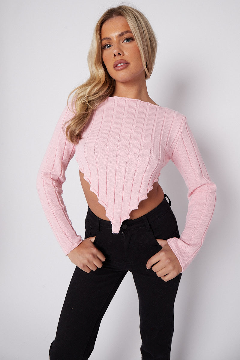 Long Sleeves Asymmetric Hem Ribbed Knit Crop Top