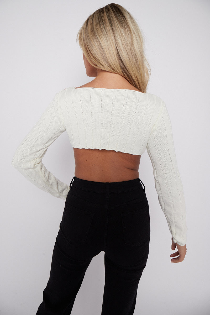 Long Sleeves Asymmetric Hem Ribbed Knit Crop Top