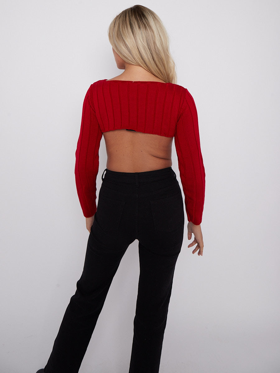 Long Sleeves Asymmetric Hem Ribbed Knit Crop Top