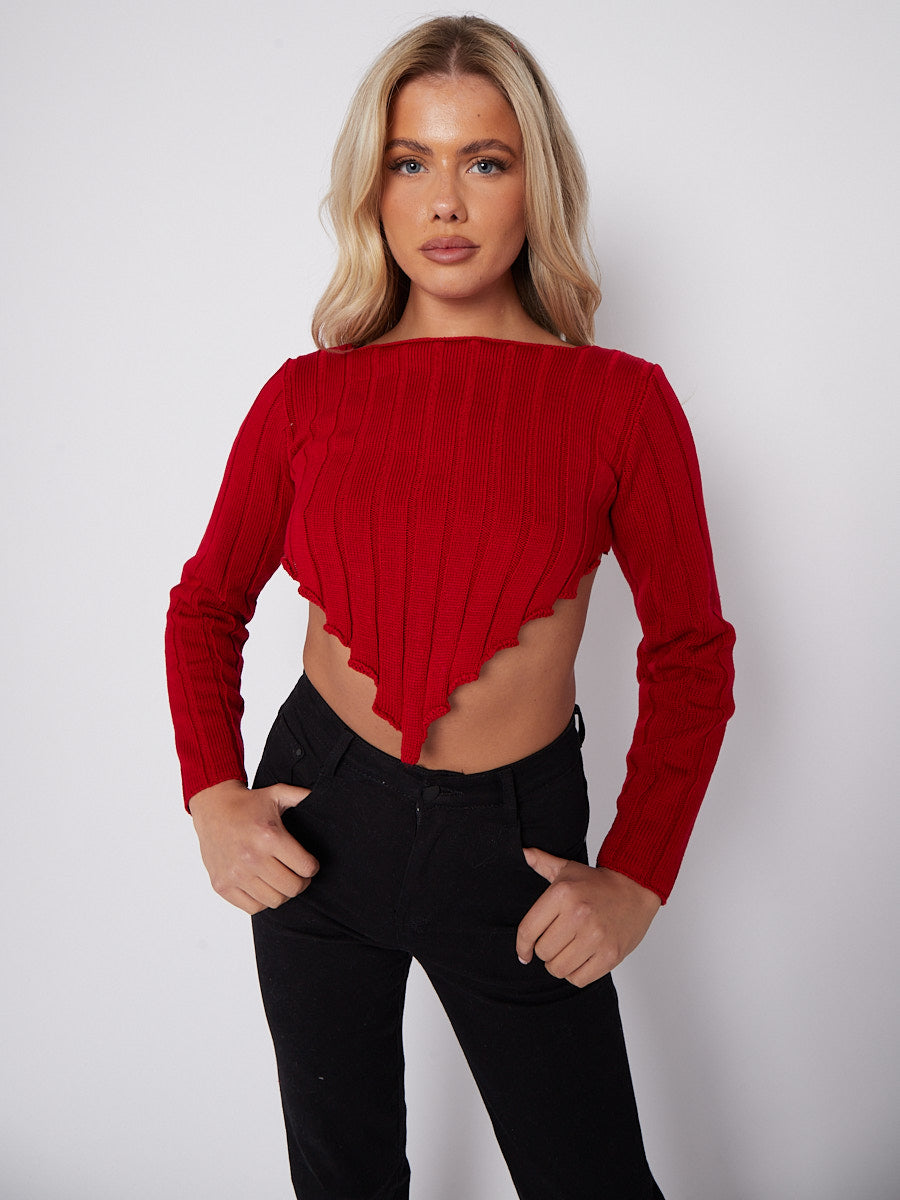 Long Sleeves Asymmetric Hem Ribbed Knit Crop Top