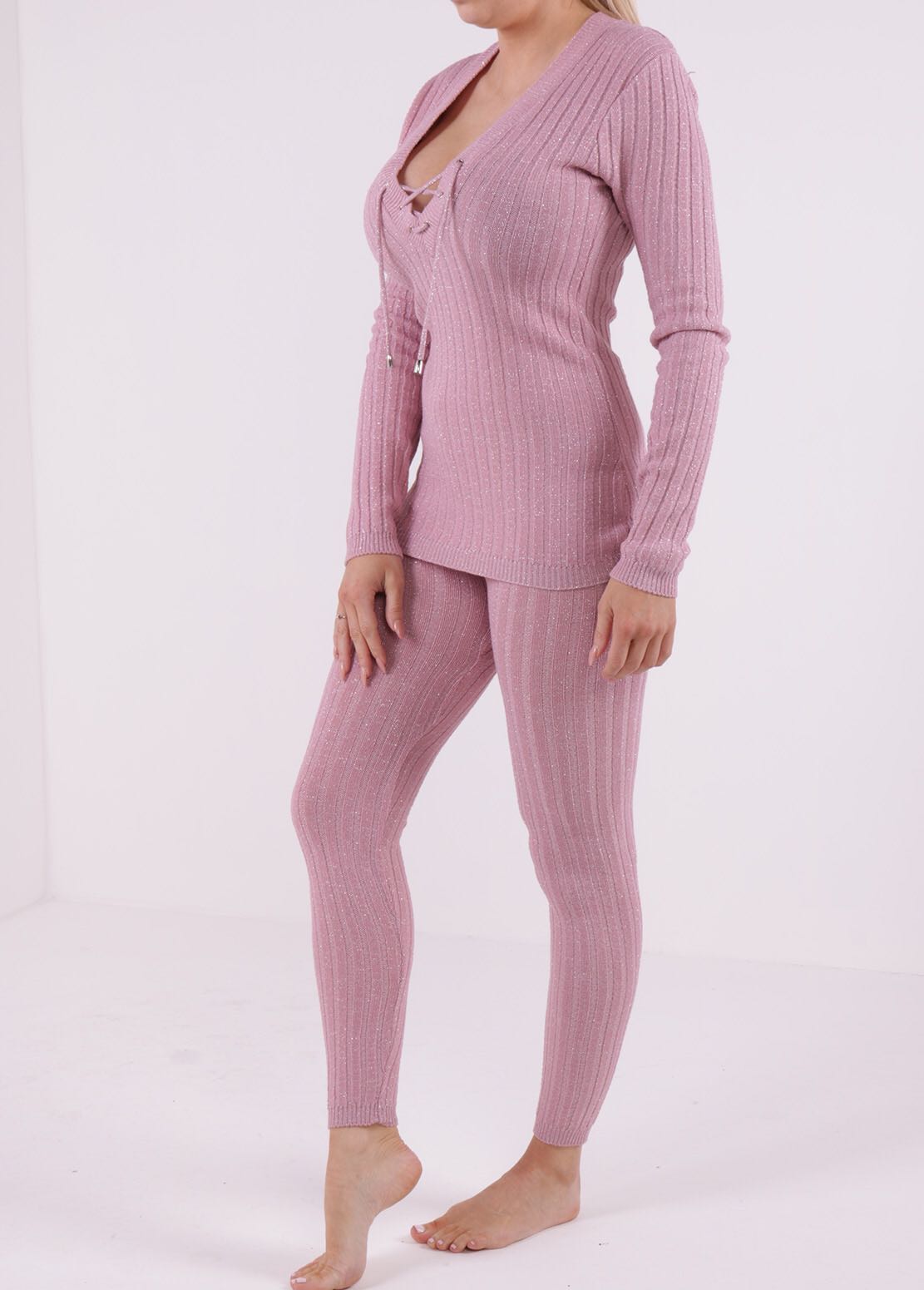 Metallic Lurex Ribbed Knitted Loungewear Coordinate