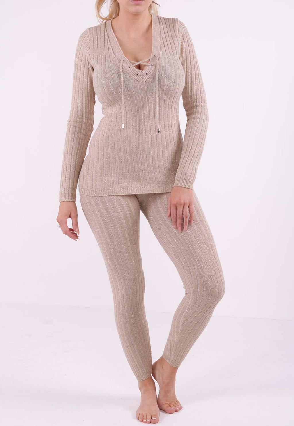 Metallic Lurex Ribbed Knitted Loungewear Coordinate