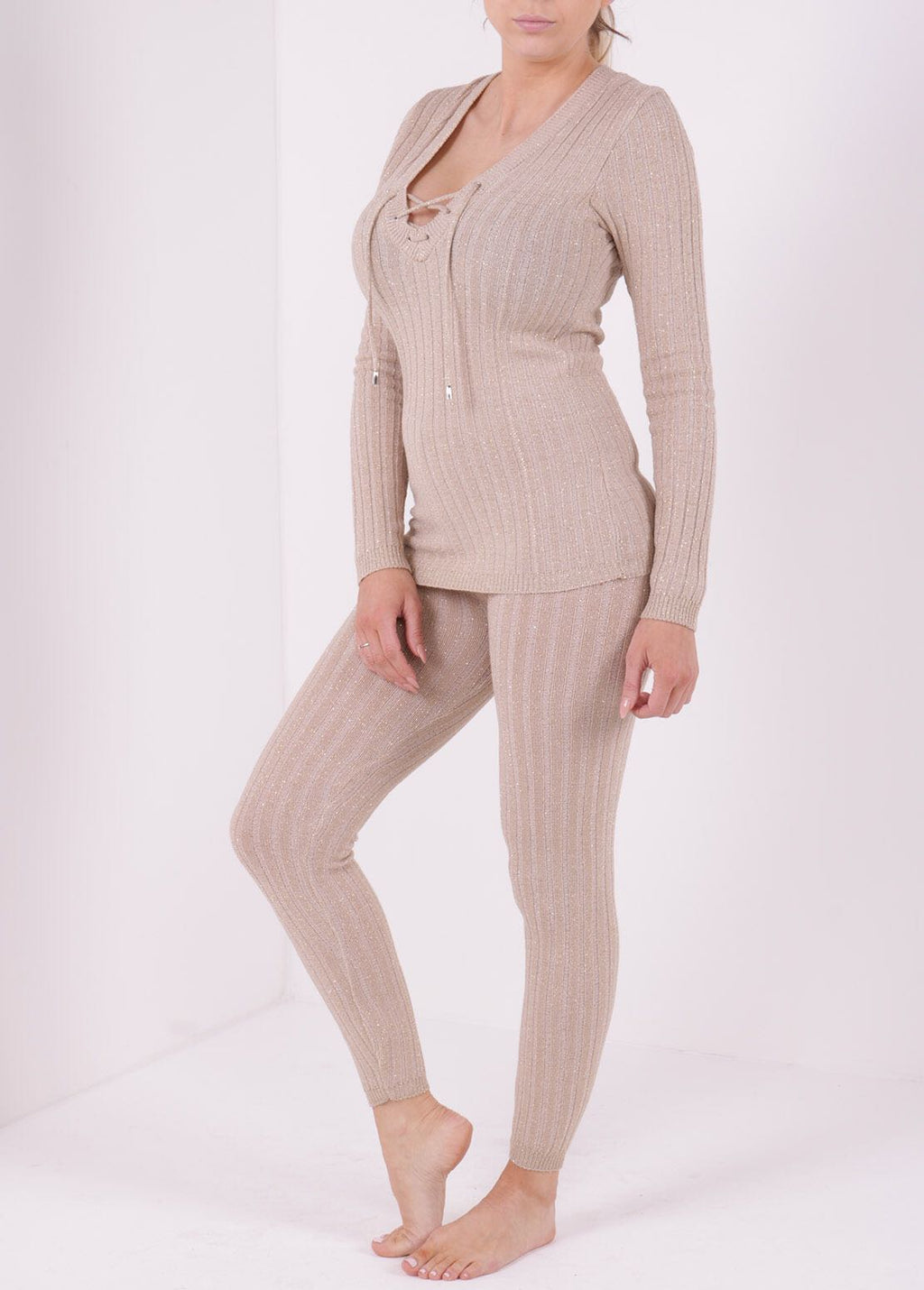 Metallic Lurex Ribbed Knitted Loungewear Coordinate