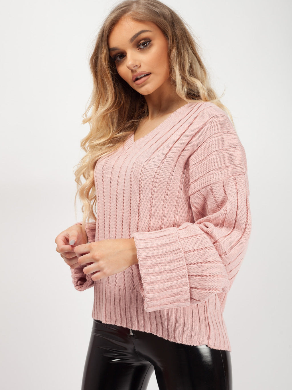Turn Up Sleeve V-Neck Knitted Jumper