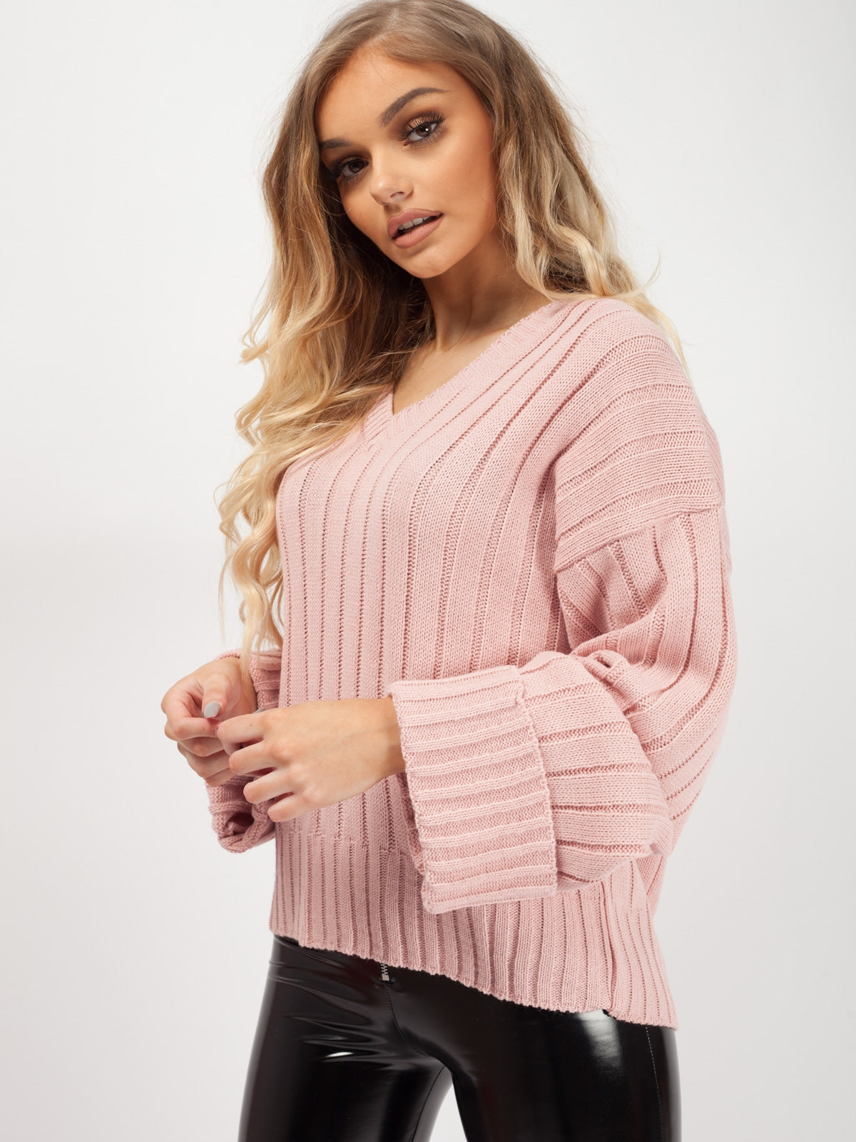 Turn Up Sleeve V-Neck Knitted Jumper