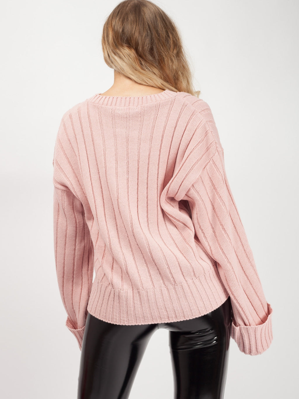 Turn Up Sleeve V-Neck Knitted Jumper