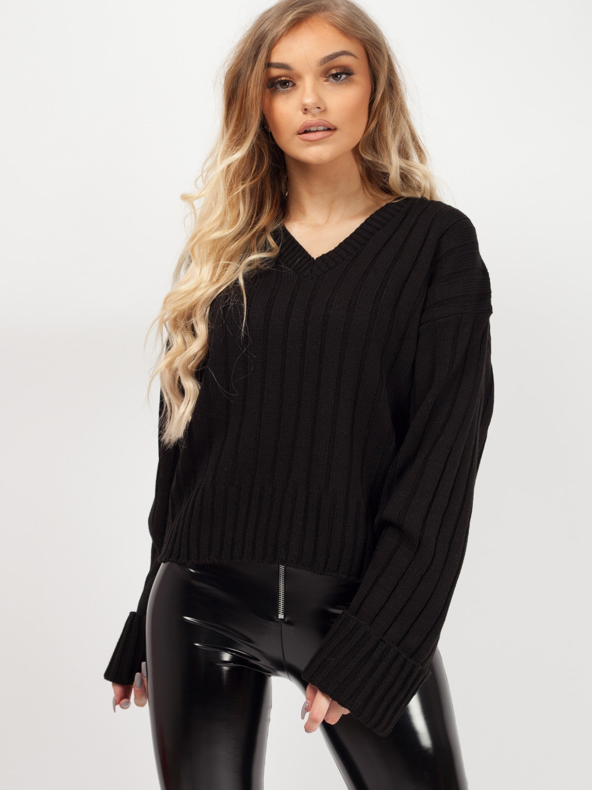 Turn Up Sleeve V-Neck Knitted Jumper