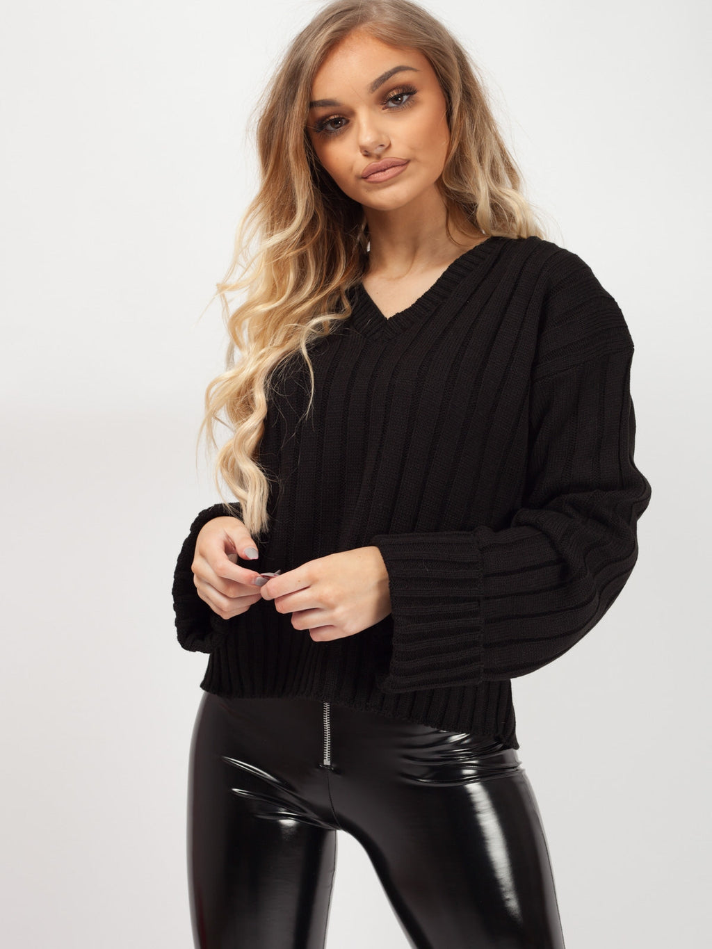 Turn Up Sleeve V-Neck Knitted Jumper