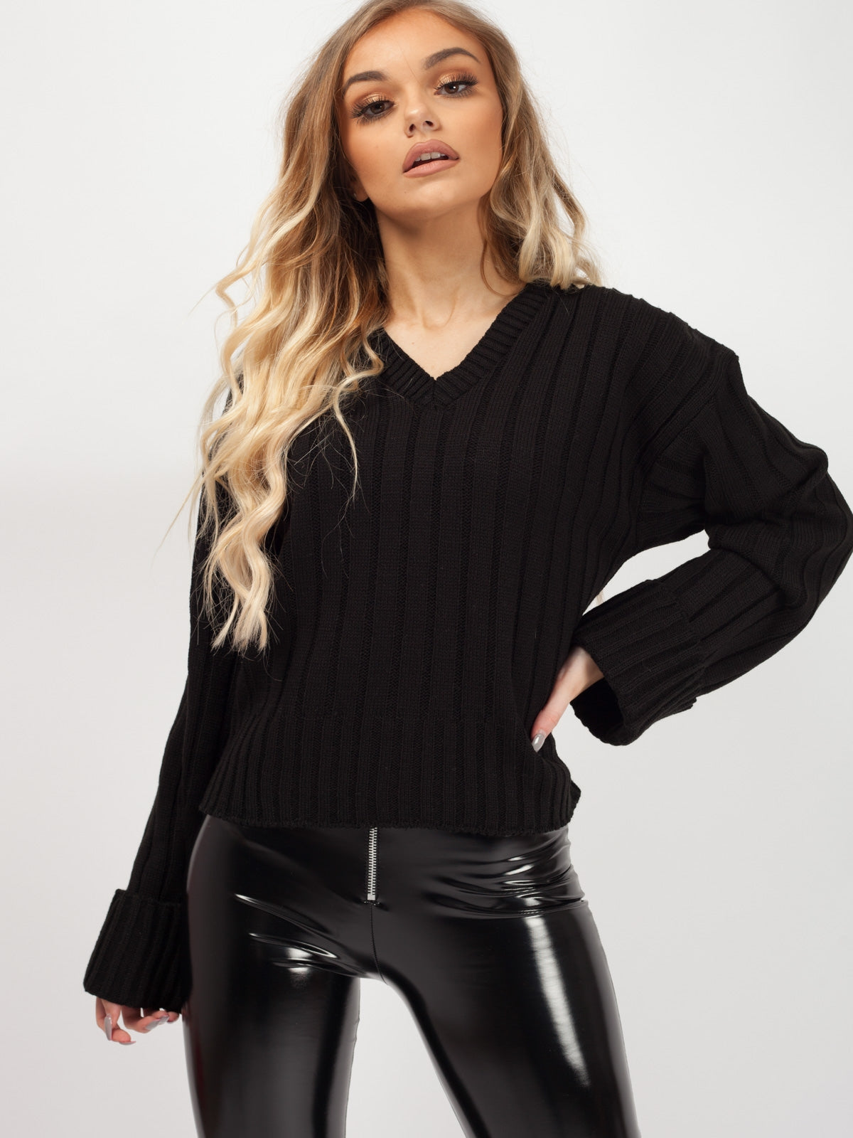 Turn Up Sleeve V-Neck Knitted Jumper
