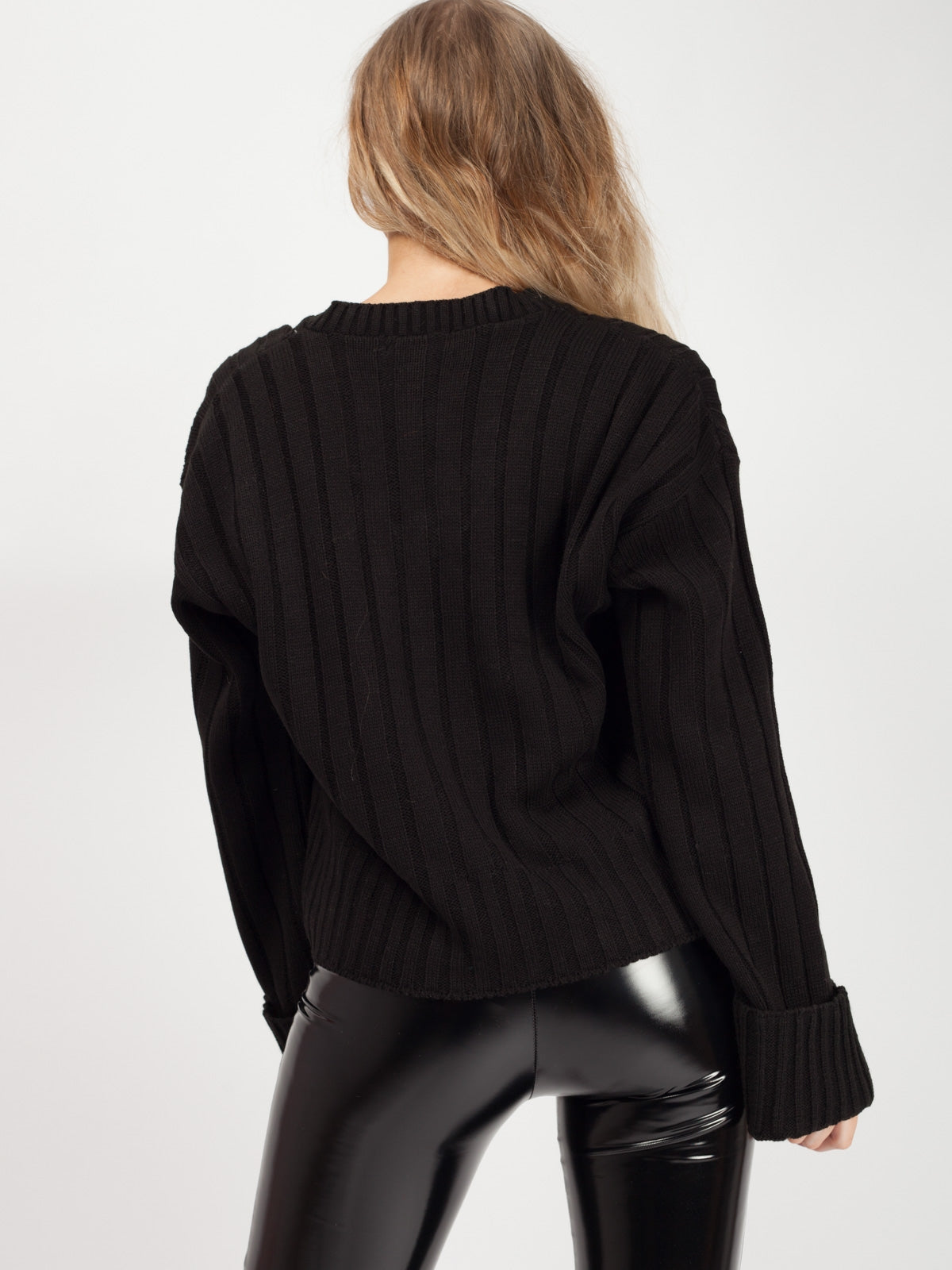 Turn Up Sleeve V-Neck Knitted Jumper