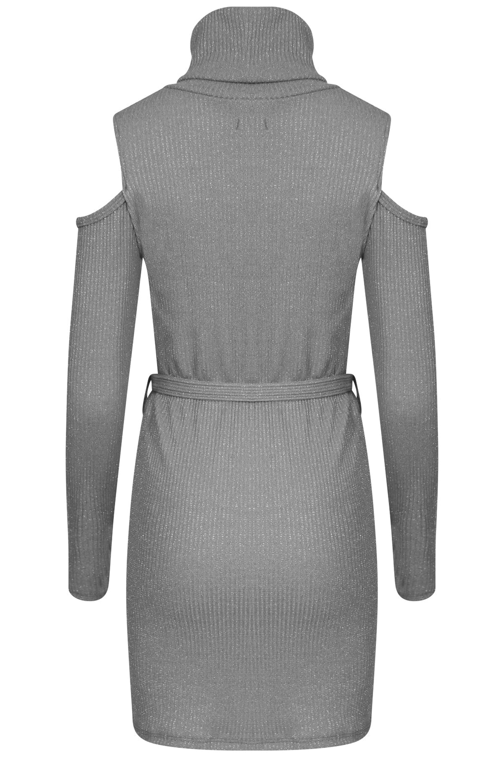 Ribbed Knitted Cold Shoulder Lurex Belted Dress