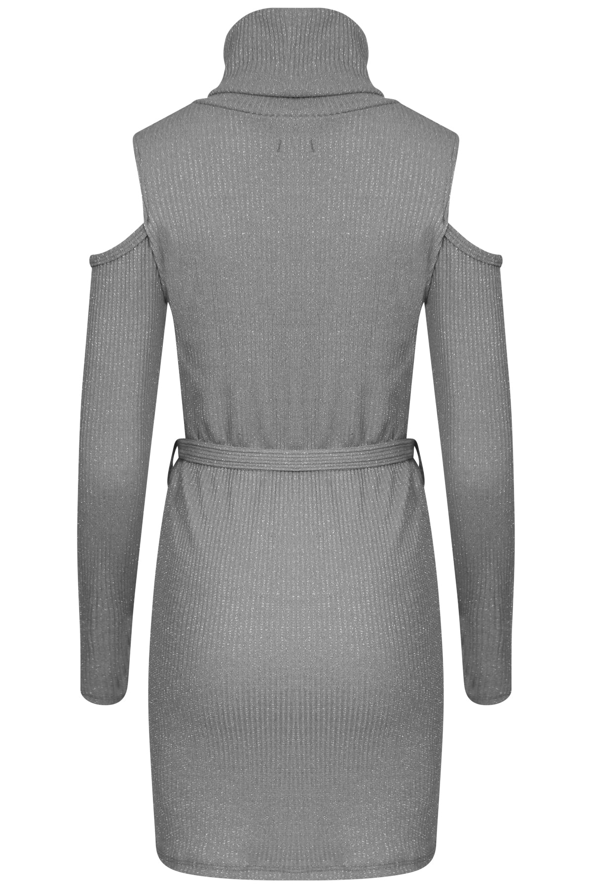 Ribbed Knitted Cold Shoulder Lurex Belted Dress
