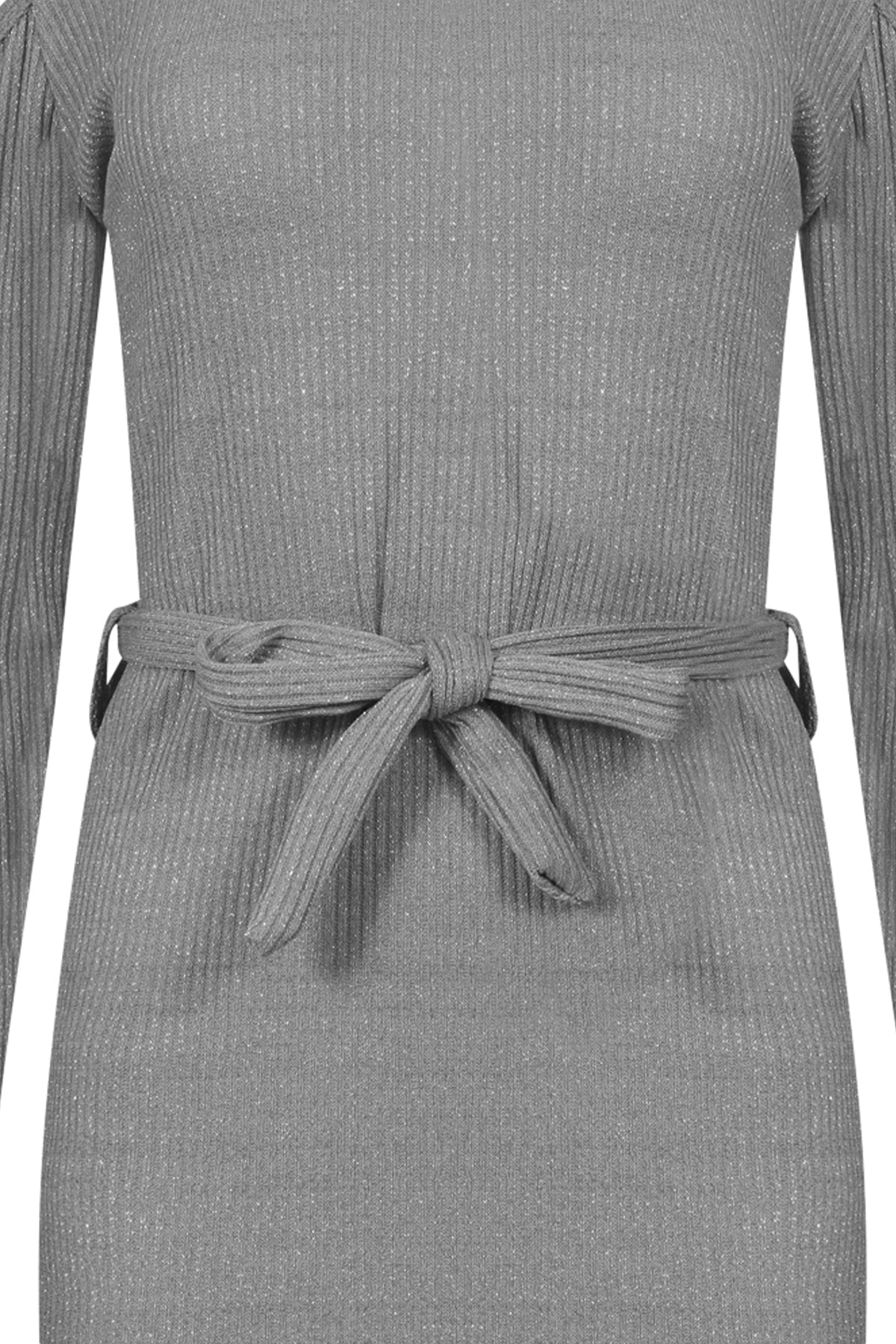 Ribbed Knitted Cold Shoulder Lurex Belted Dress