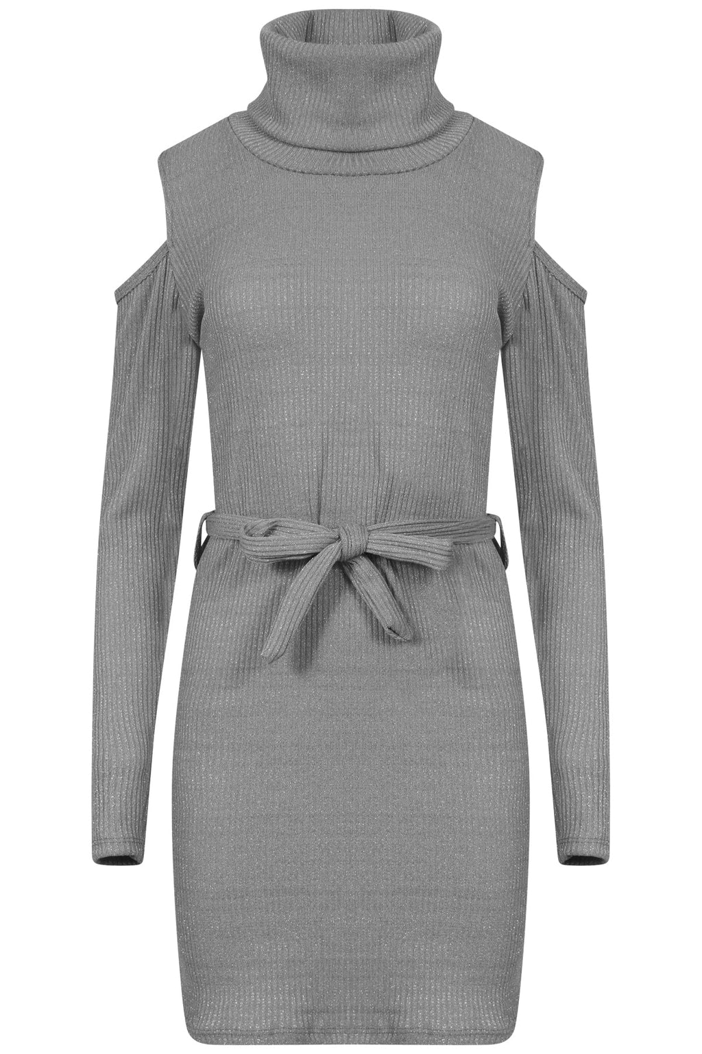 Ribbed Knitted Cold Shoulder Lurex Belted Dress