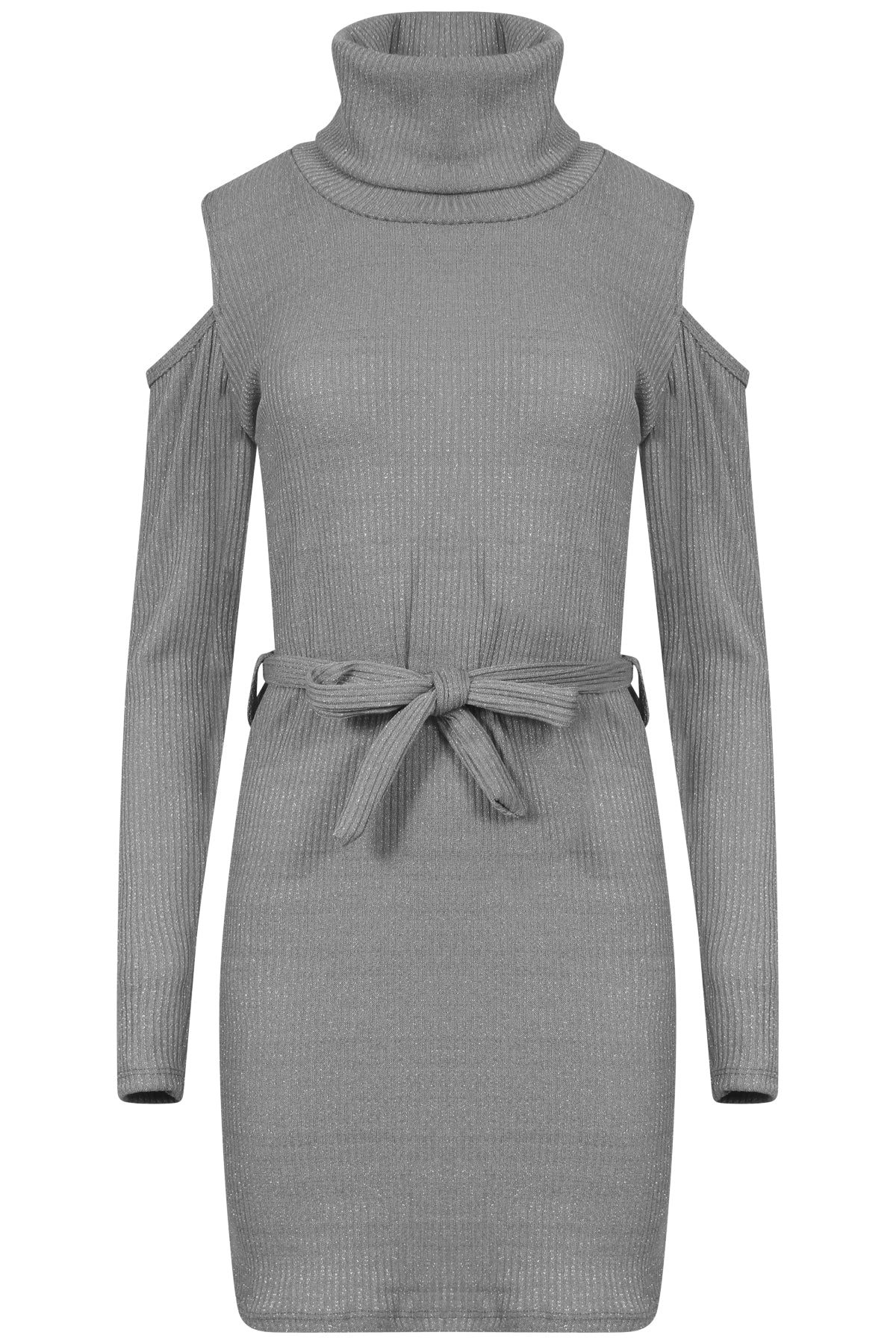 Ribbed Knitted Cold Shoulder Lurex Belted Dress