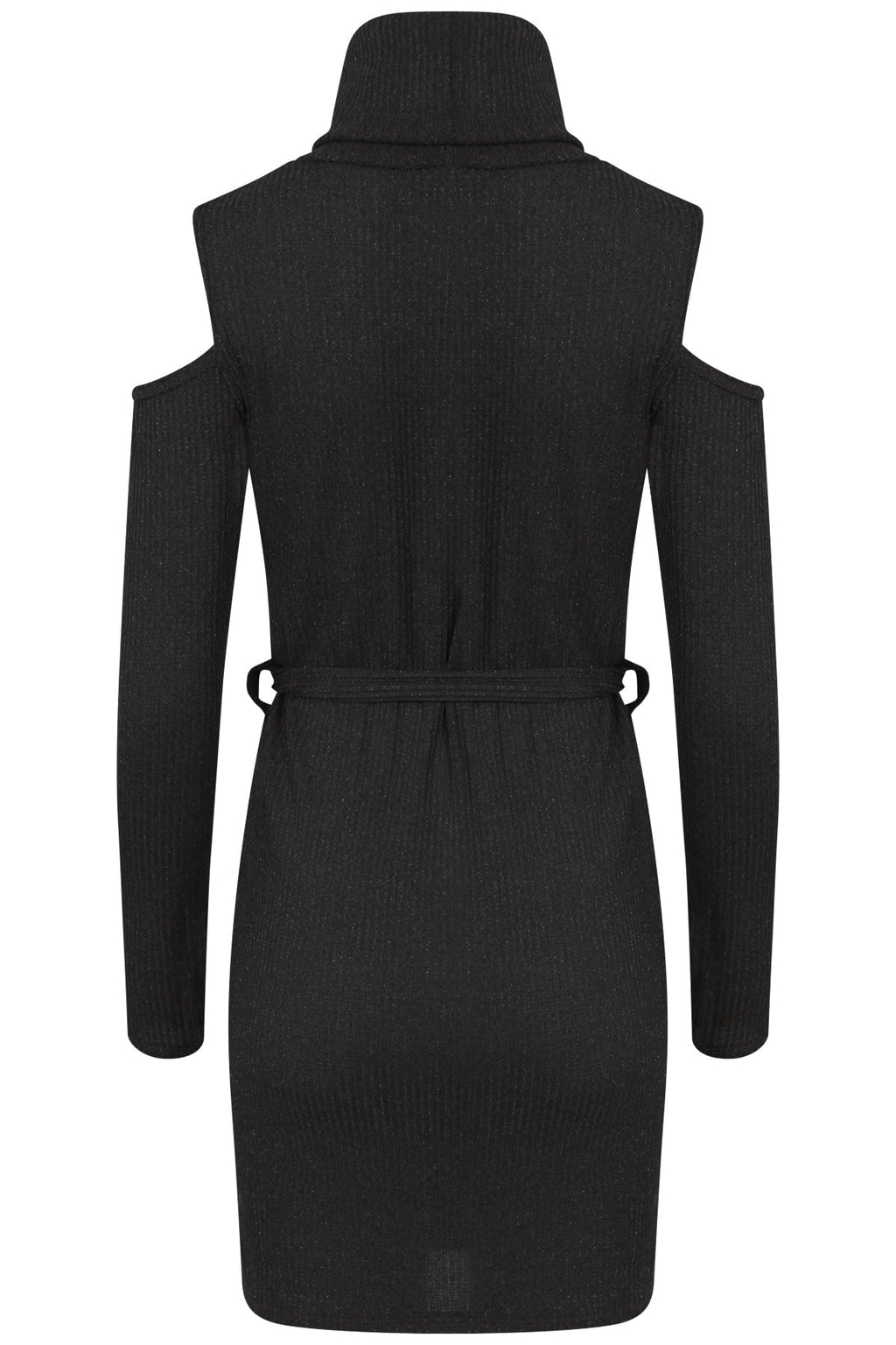 Ribbed Knitted Cold Shoulder Lurex Belted Dress
