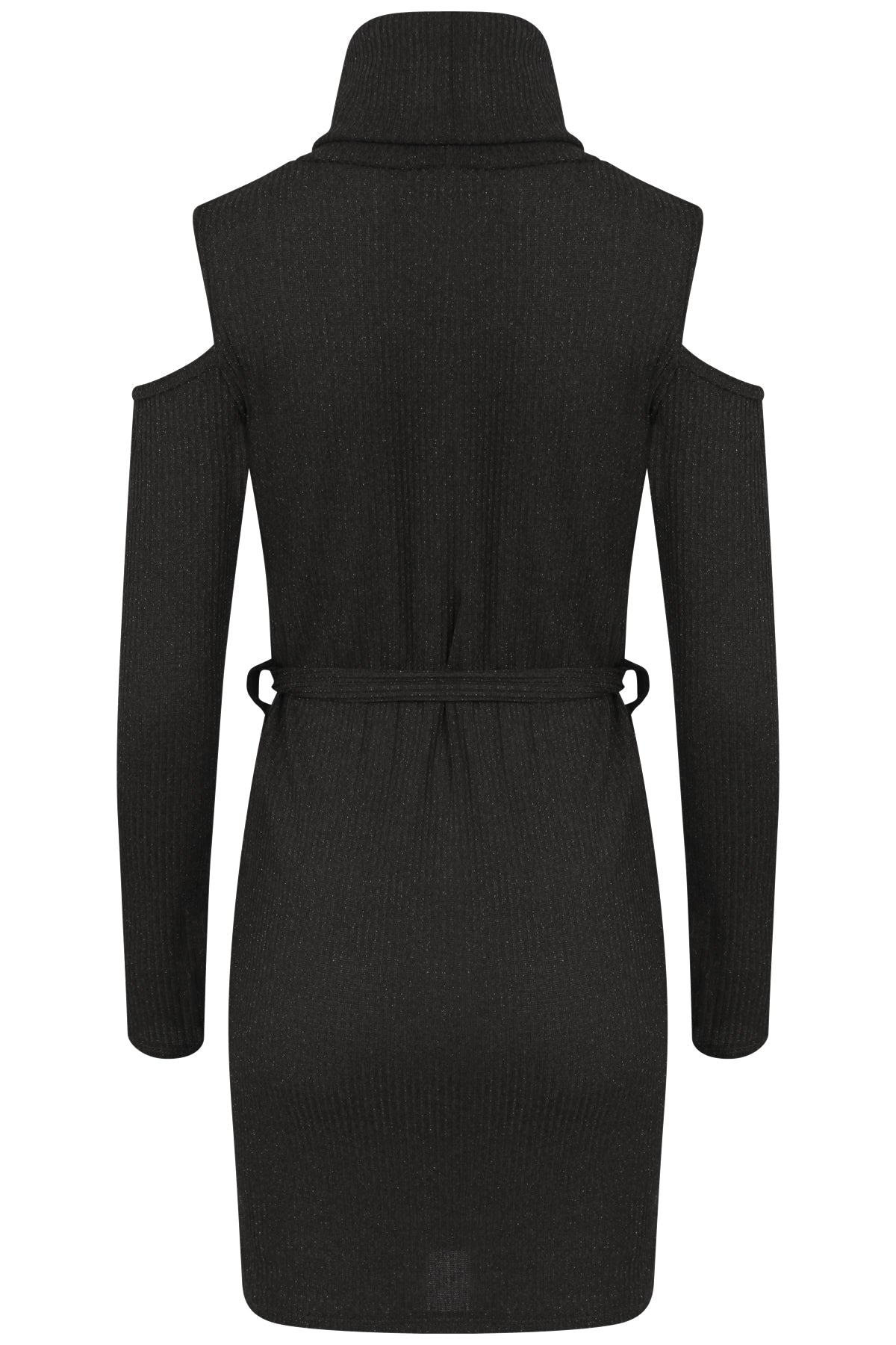 Ribbed Knitted Cold Shoulder Lurex Belted Dress