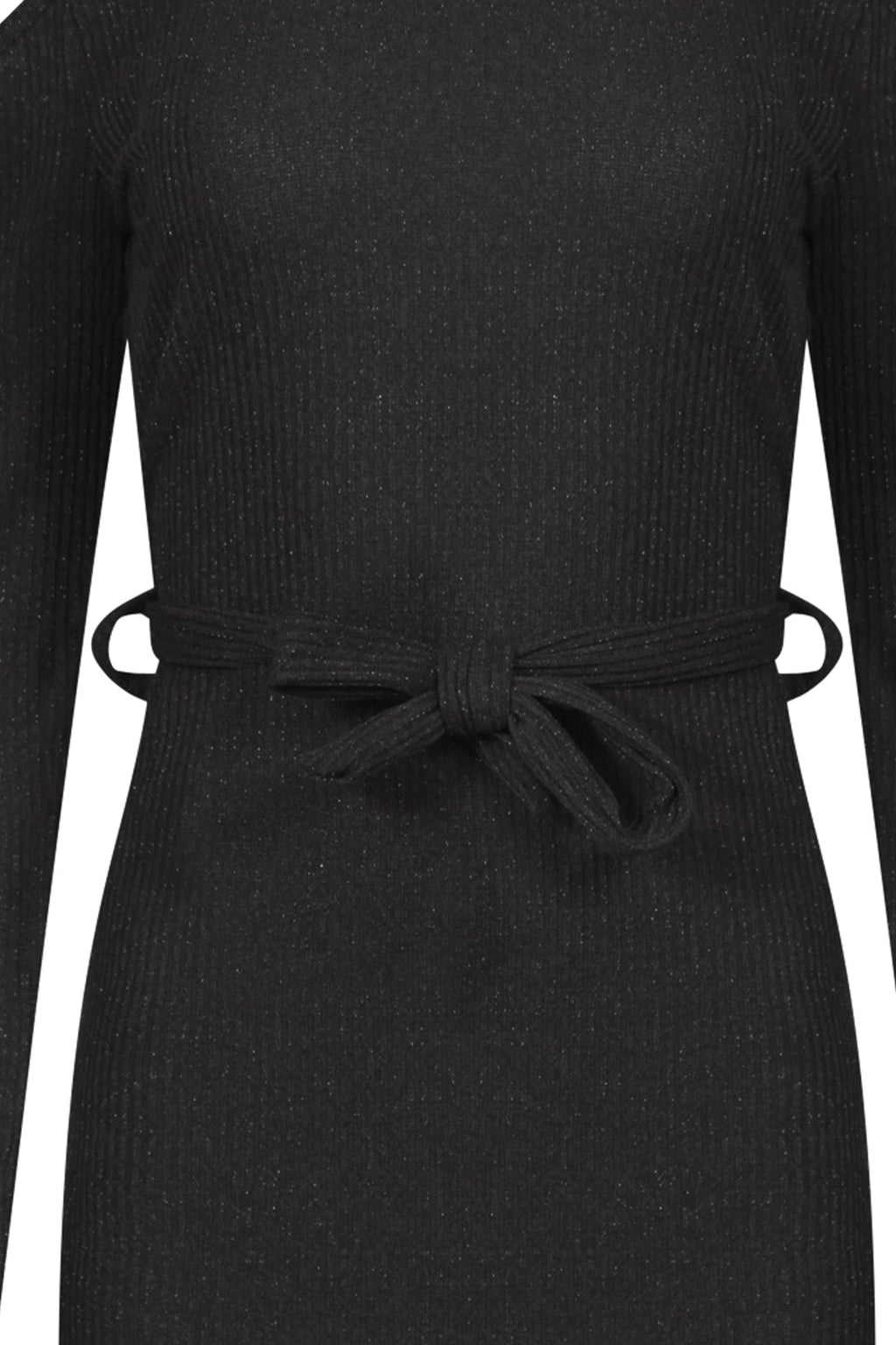Ribbed Knitted Cold Shoulder Lurex Belted Dress