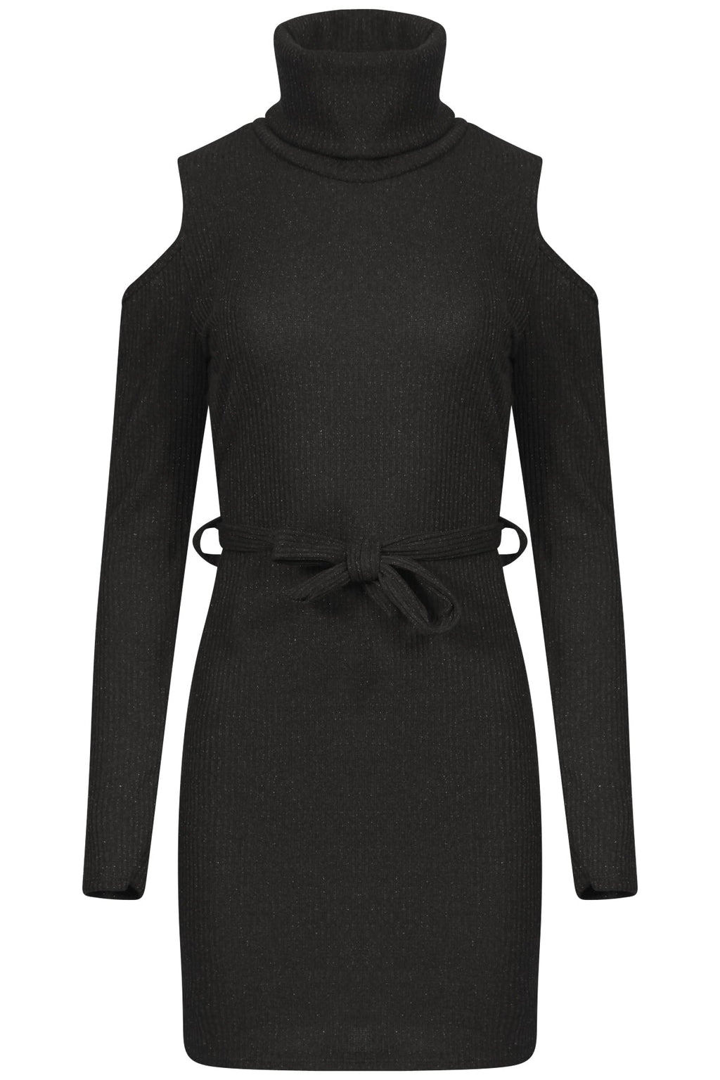 Ribbed Knitted Cold Shoulder Lurex Belted Dress