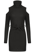 Ribbed Knitted Cold Shoulder Lurex Belted Dress