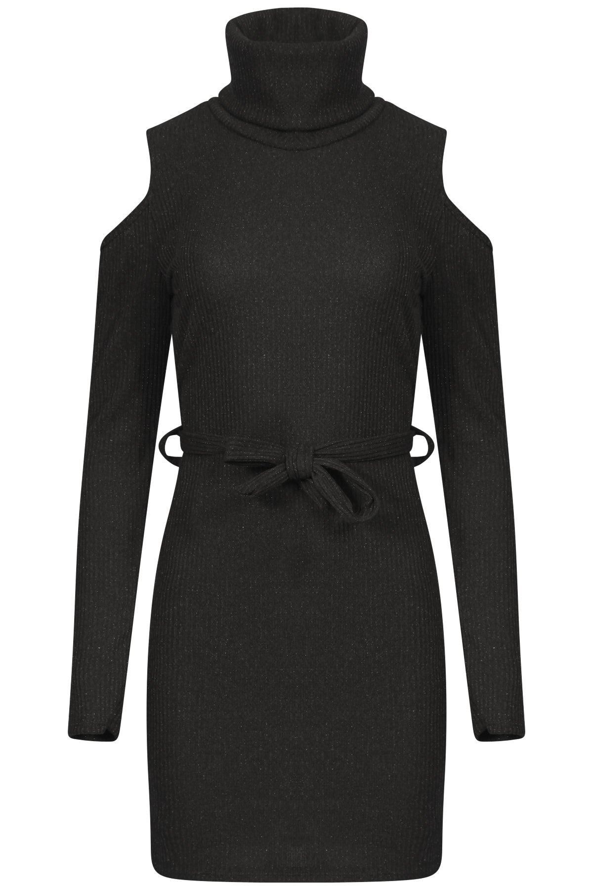 Ribbed Knitted Cold Shoulder Lurex Belted Dress