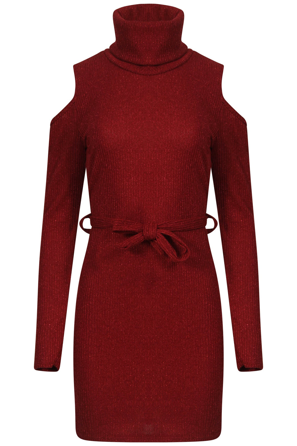 Ribbed Knitted Cold Shoulder Lurex Belted Dress