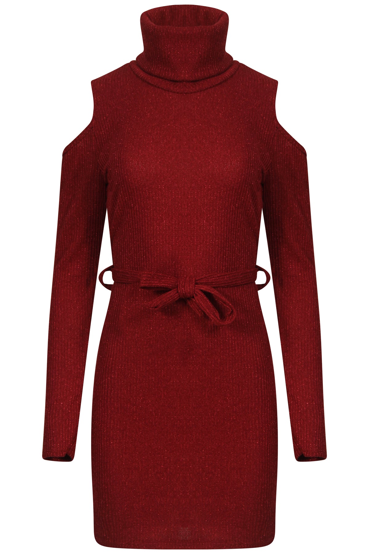 Ribbed Knitted Cold Shoulder Lurex Belted Dress