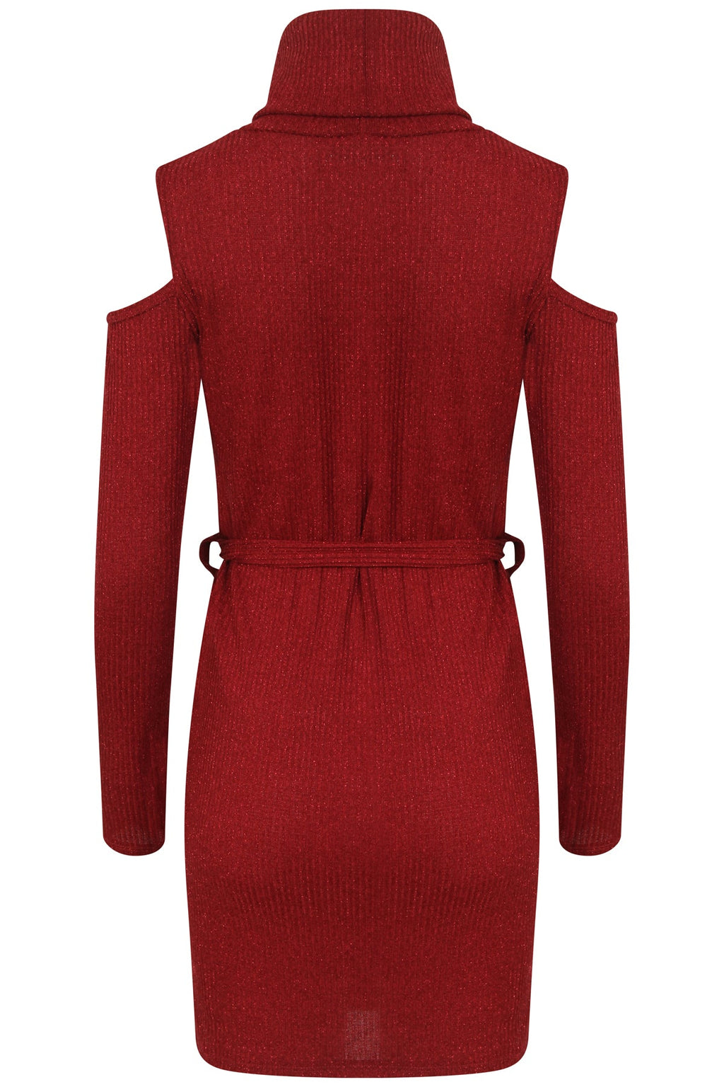 Ribbed Knitted Cold Shoulder Lurex Belted Dress