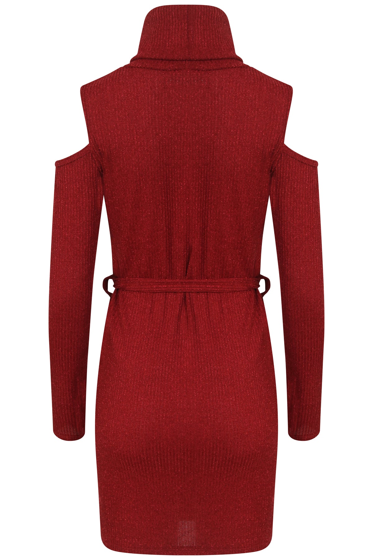 Ribbed Knitted Cold Shoulder Lurex Belted Dress
