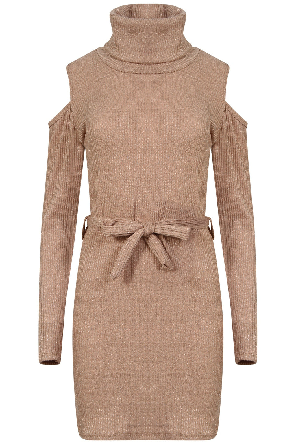 Ribbed Knitted Cold Shoulder Lurex Belted Dress