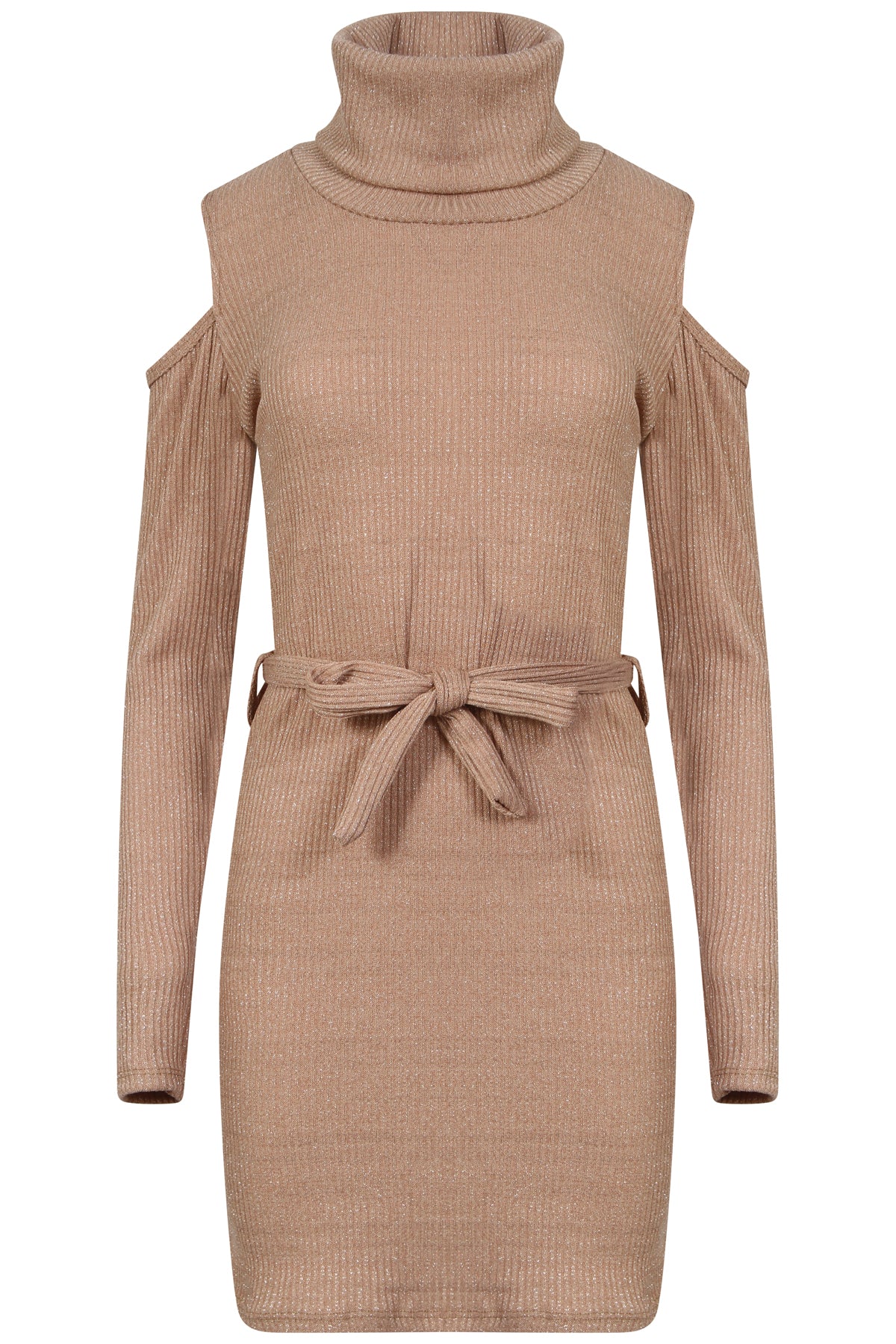Ribbed Knitted Cold Shoulder Lurex Belted Dress