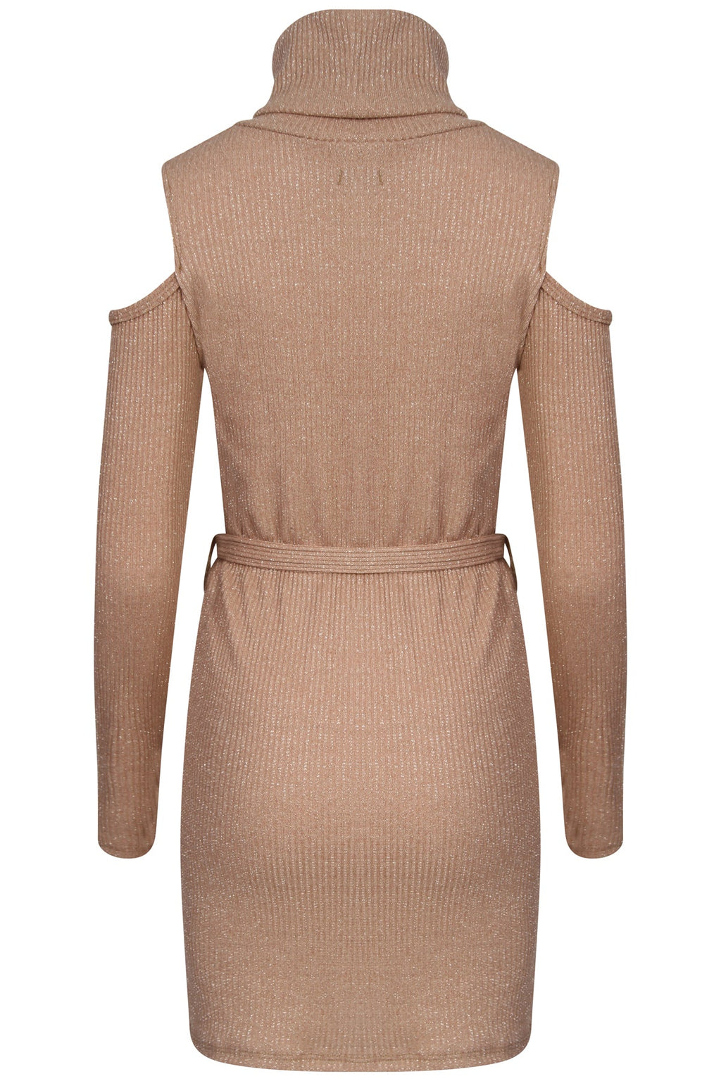 Ribbed Knitted Cold Shoulder Lurex Belted Dress