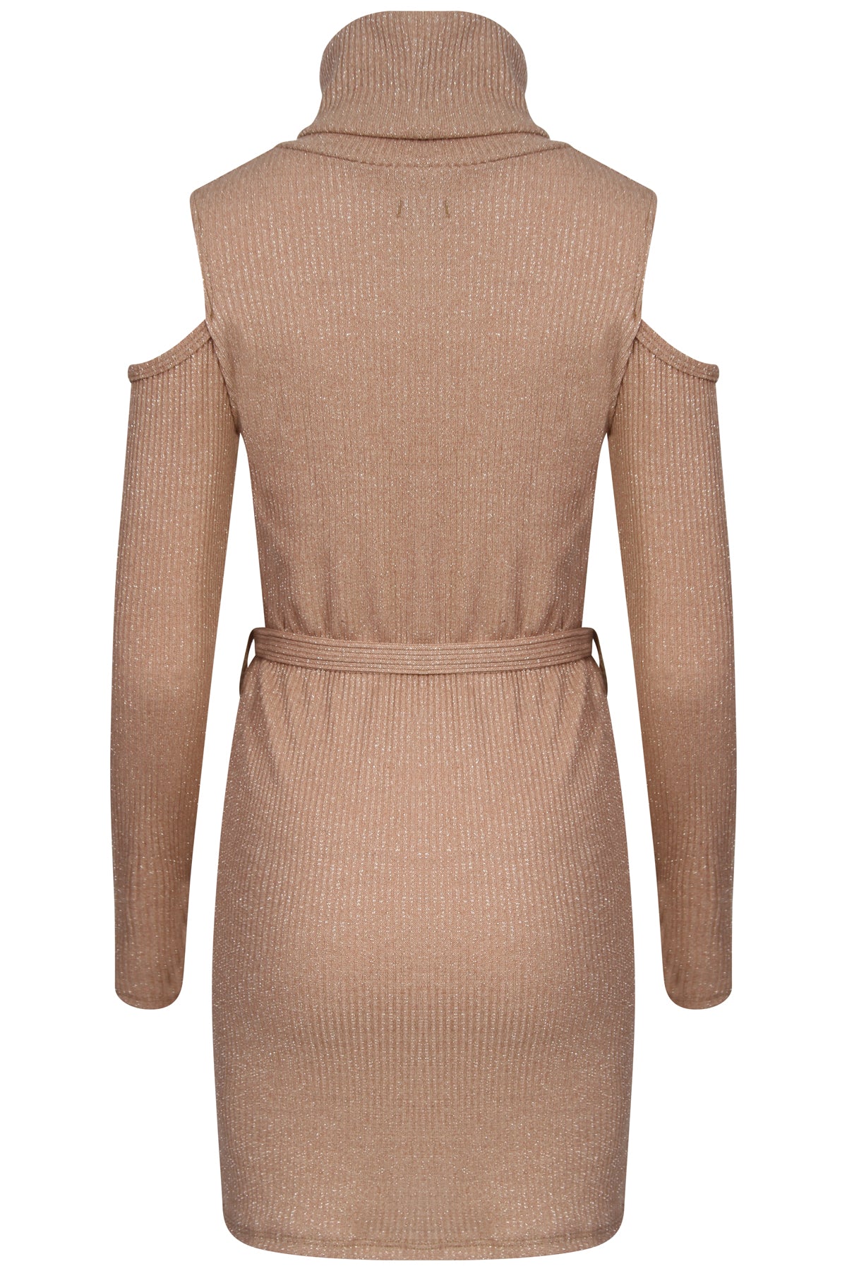 Ribbed Knitted Cold Shoulder Lurex Belted Dress