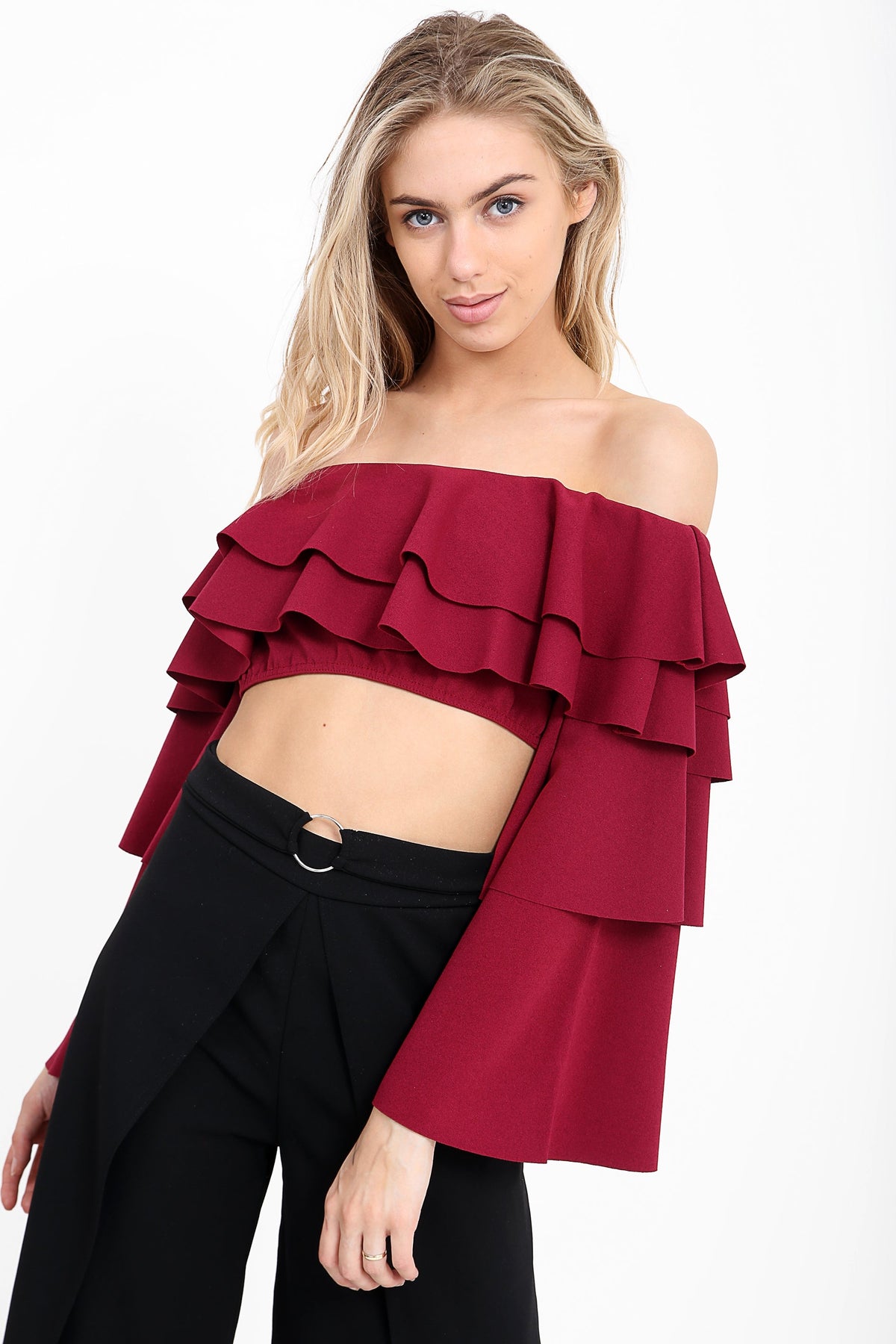Extreme Layered Frill Bardot Crop Top