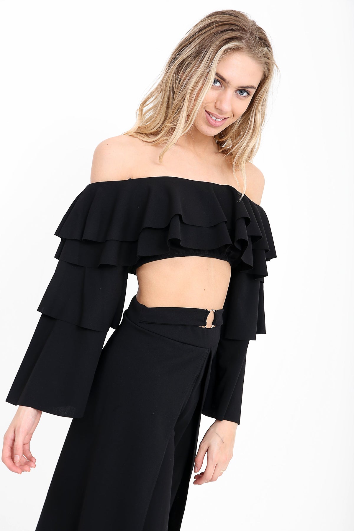 Extreme Layered Frill Bardot Crop Top