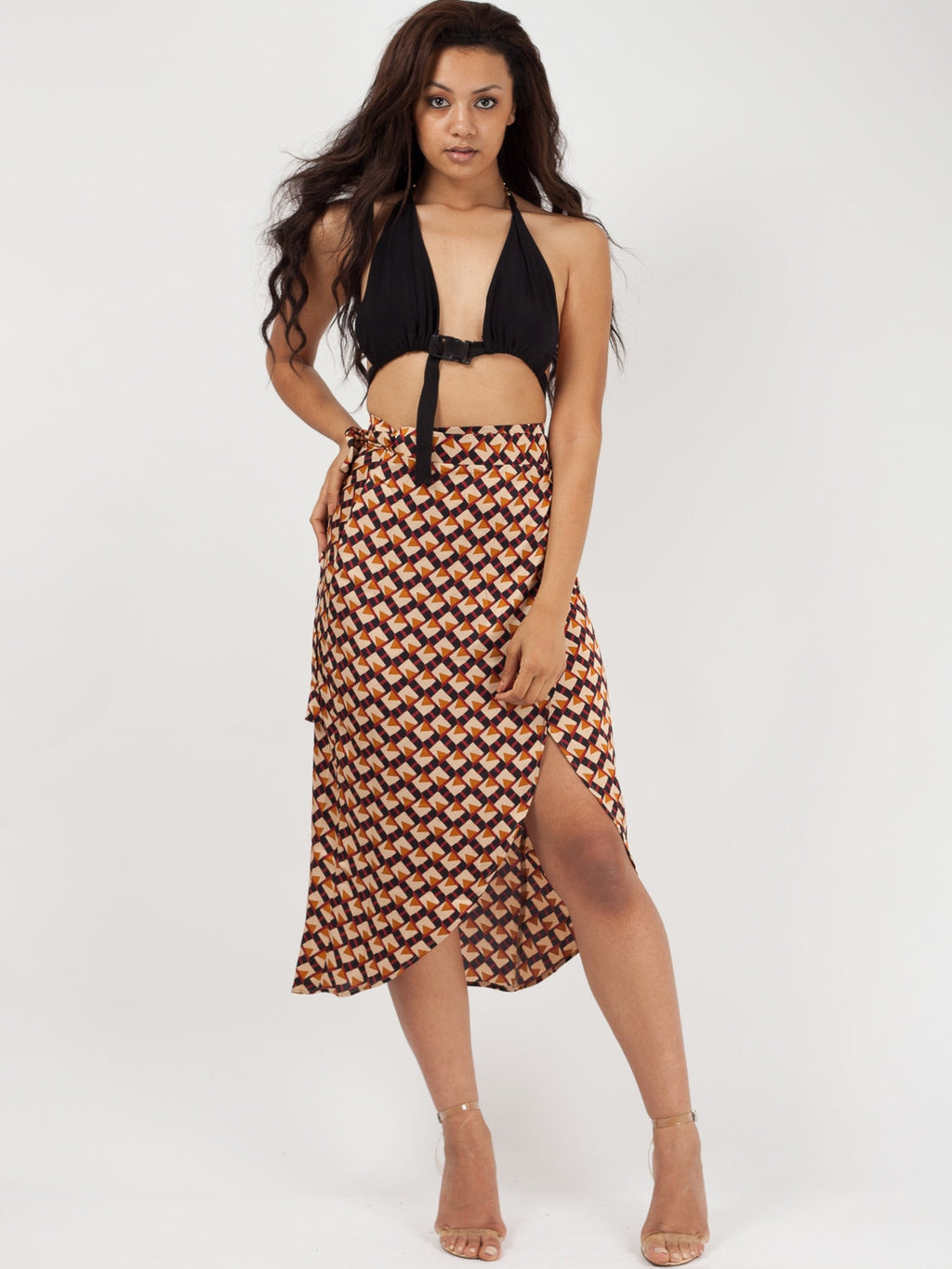 Geometric Print Wrap Over Sarong Midi Skirt