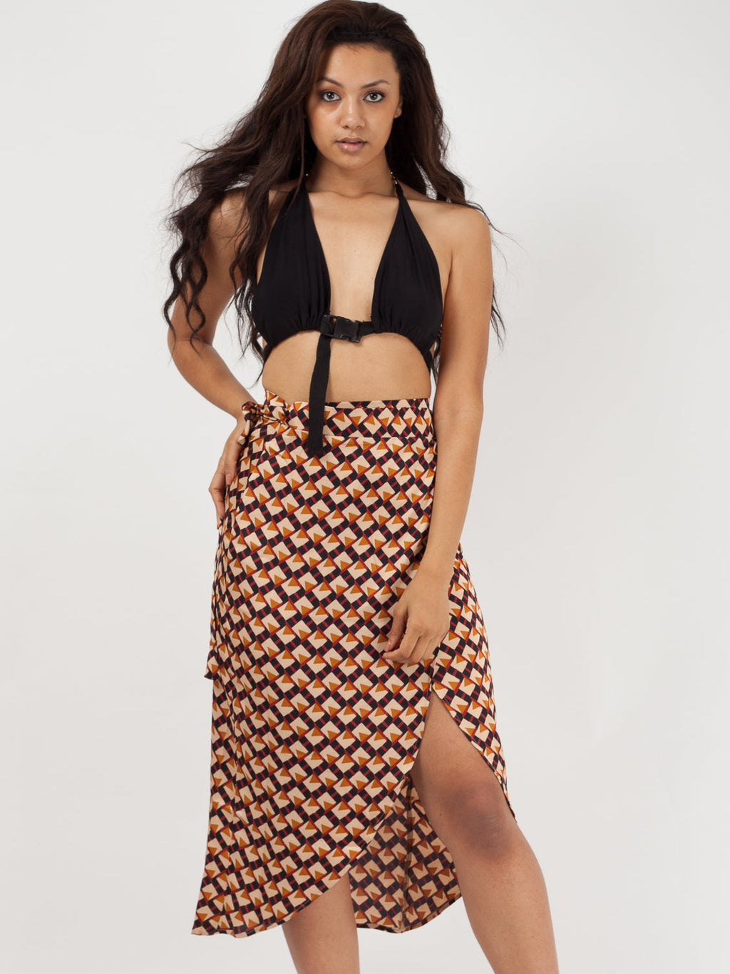 Geometric Print Wrap Over Sarong Midi Skirt