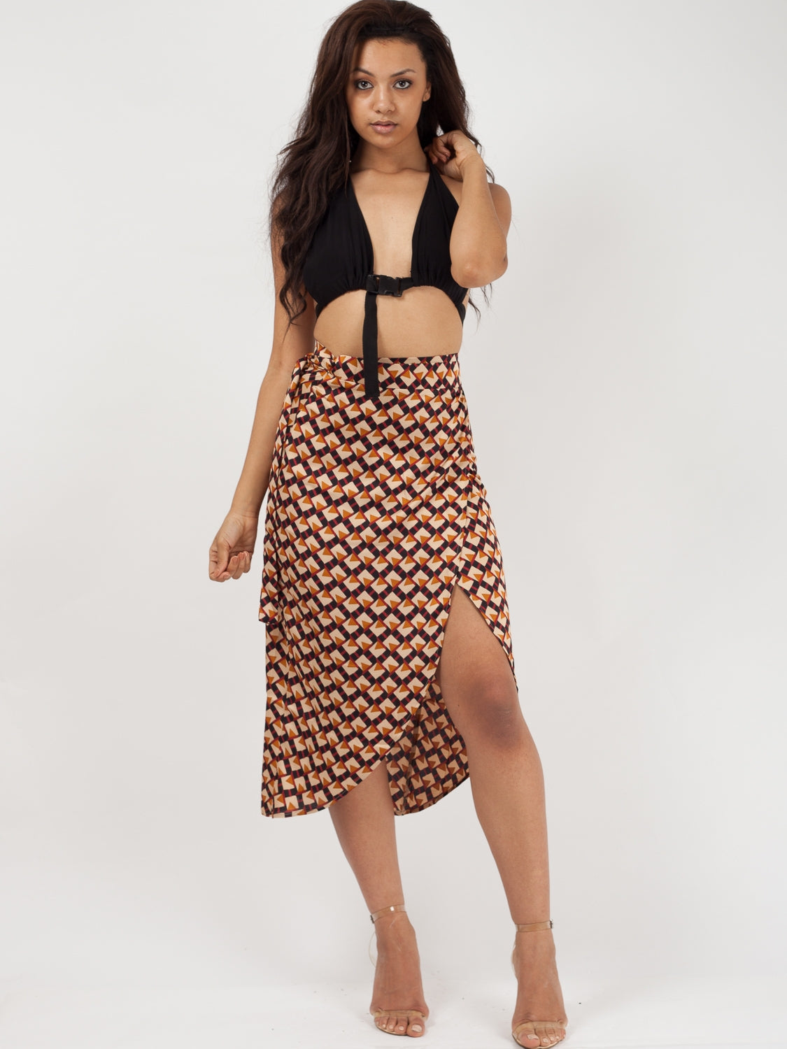 Geometric Print Wrap Over Sarong Midi Skirt