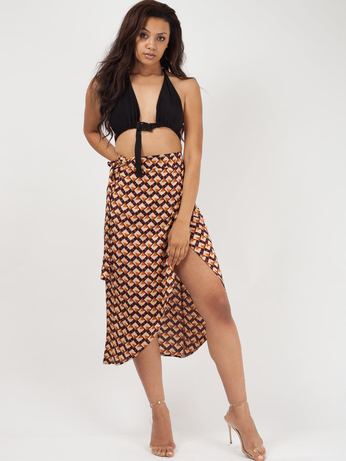 Geometric Print Wrap Over Sarong Midi Skirt