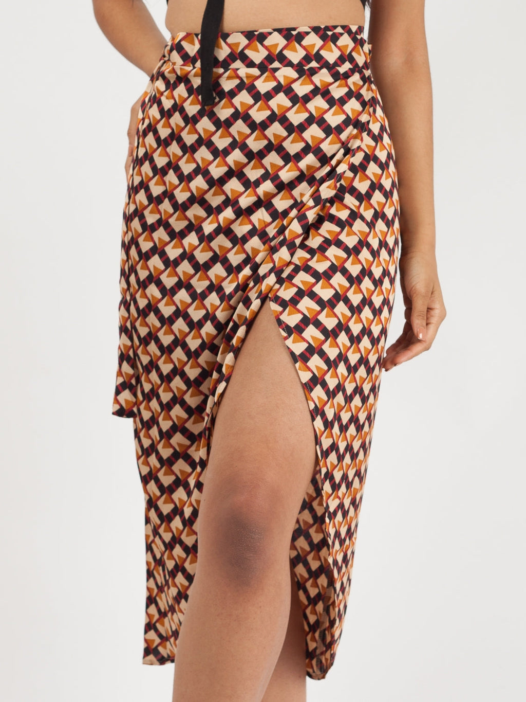 Geometric Print Wrap Over Sarong Midi Skirt