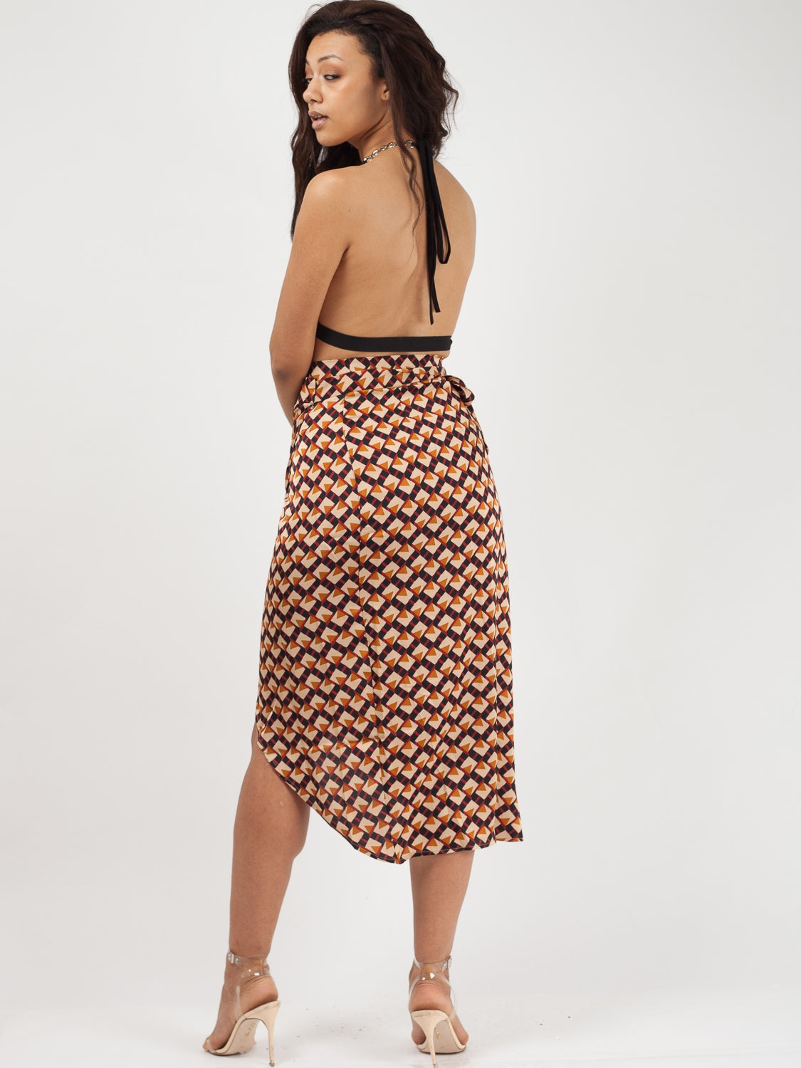 Geometric Print Wrap Over Sarong Midi Skirt