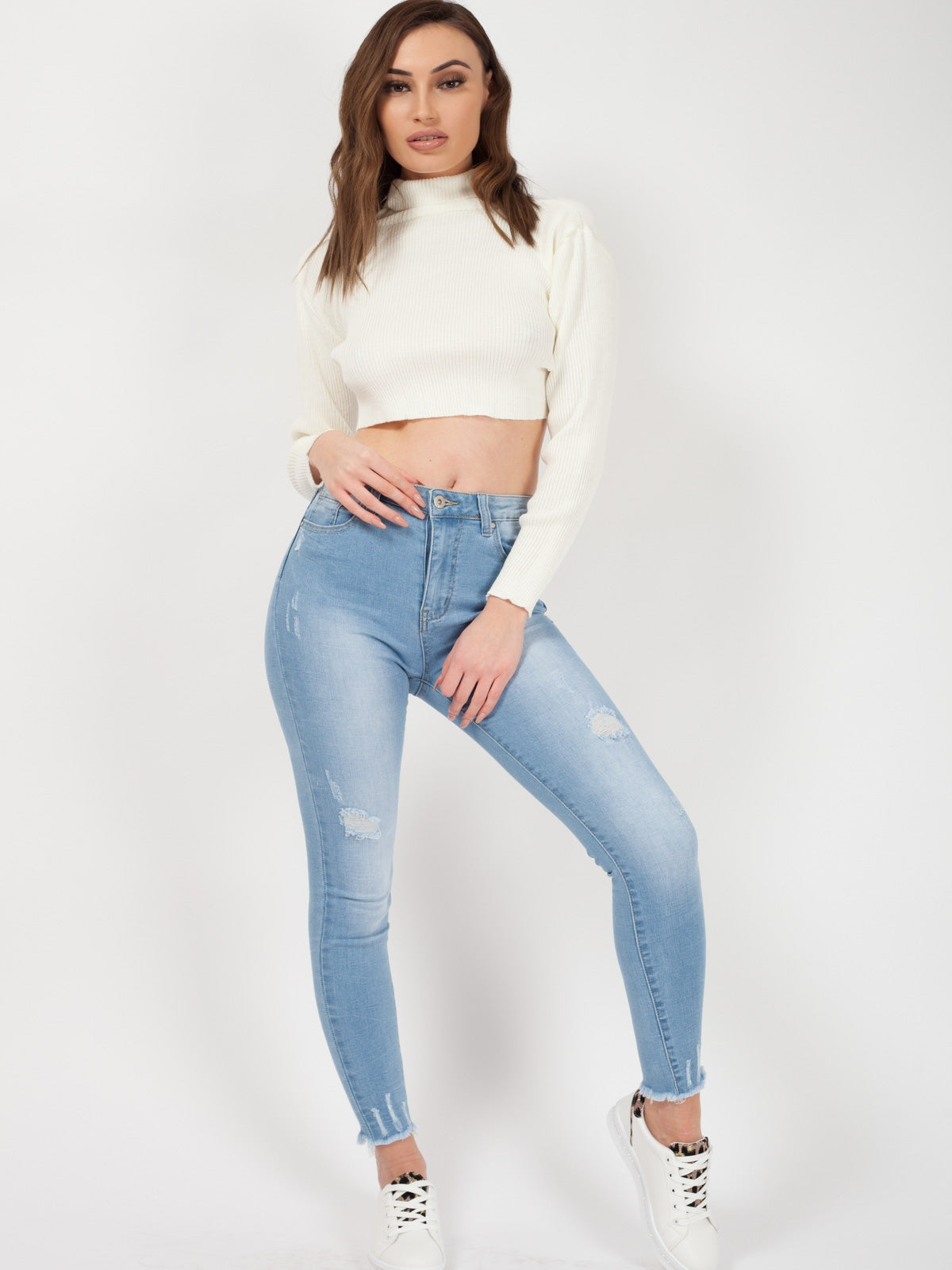 Roll Neck Knitted Cropped Jumper