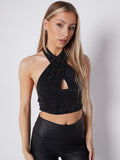 Lurex Halterneck Tie-Knot Crop Top
