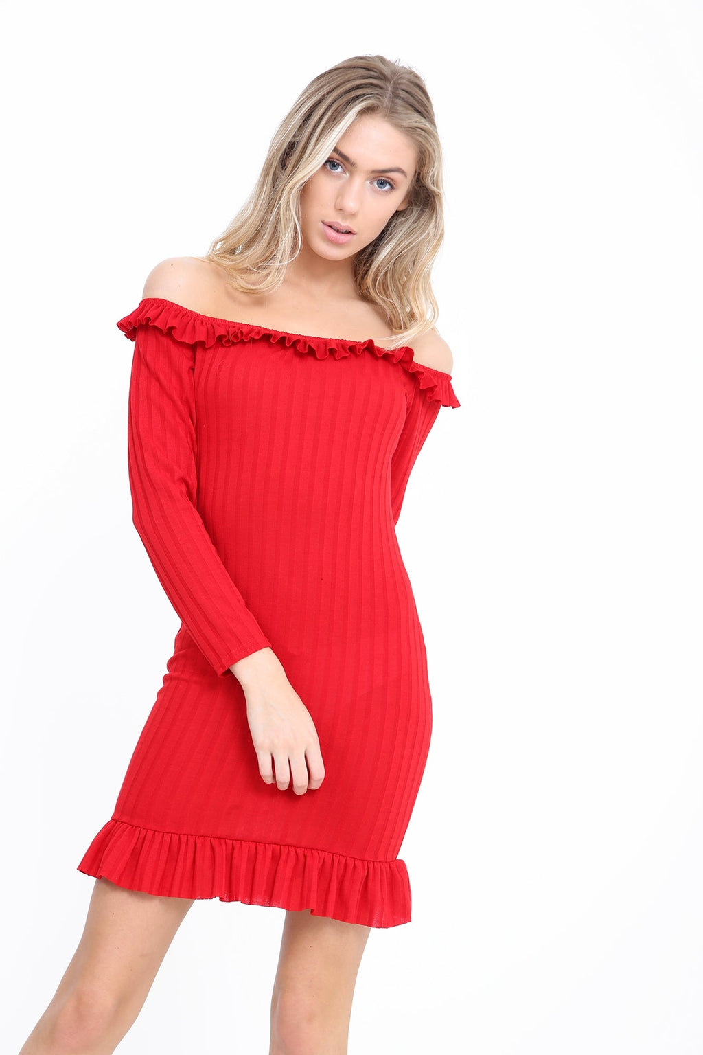 Frill Detail Ribbed Bardot Dress